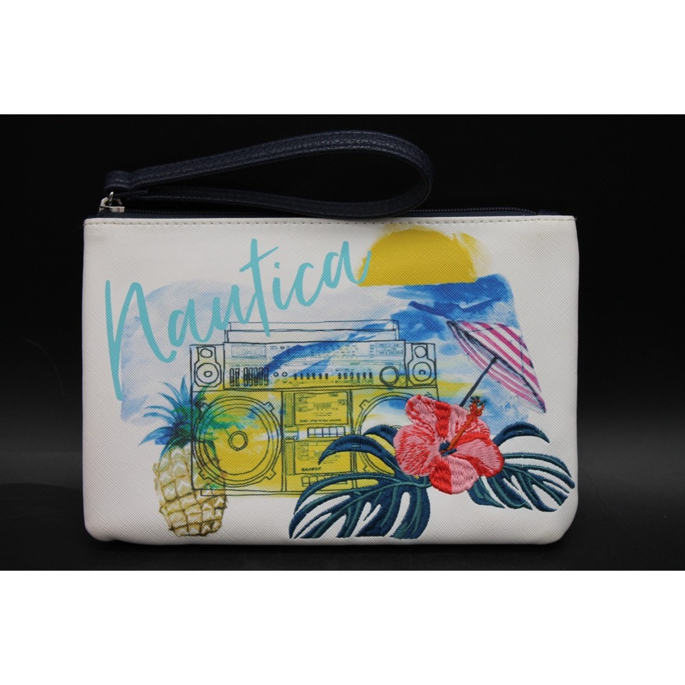 Nautica Tropical Wristlet Clutch Pouch Boombox Hibiscus Beach Zip Bag 9x6